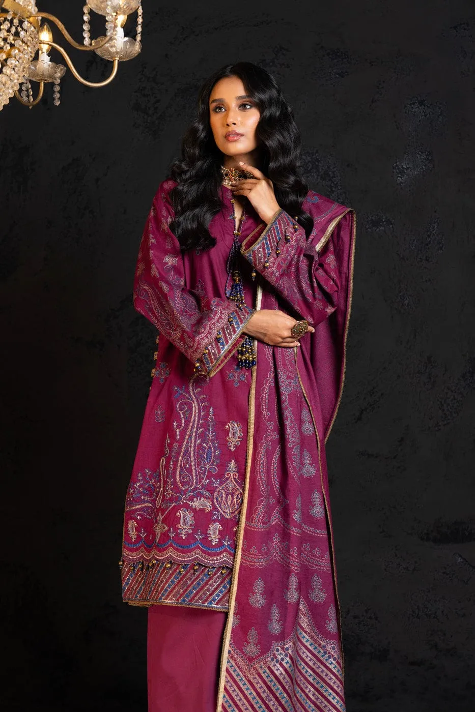 3 Pc Embroidered Cambric Suit With Cotton Silk Dupatta