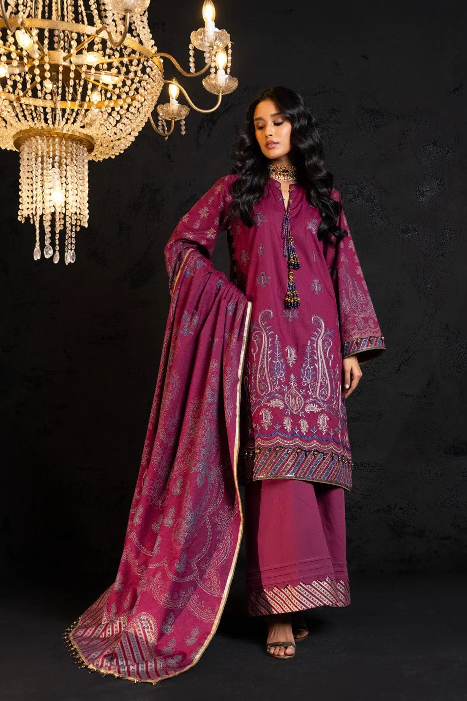 3 Pc Embroidered Cambric Suit With Cotton Silk Dupatta