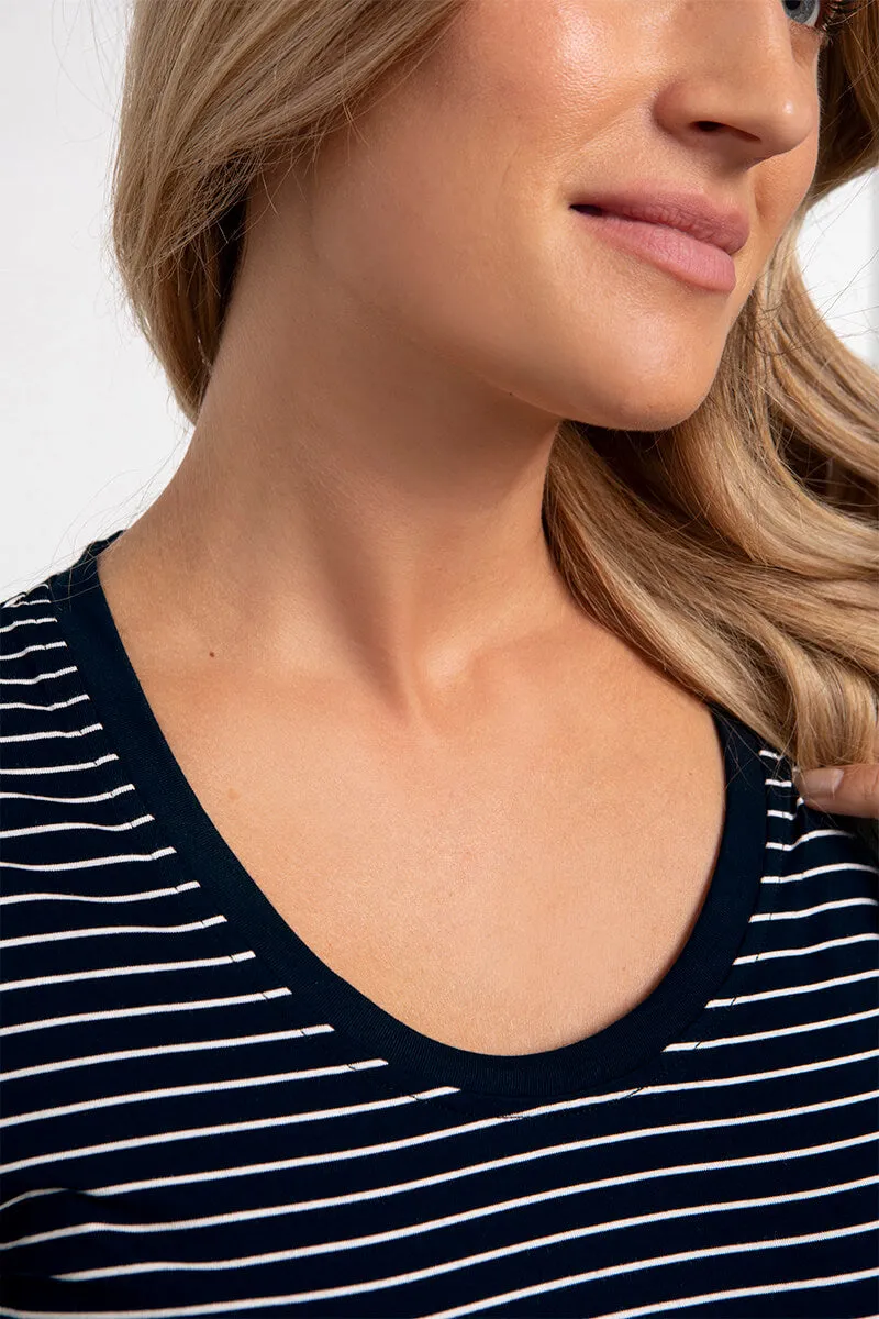 Bamboo Scoop Neck T | Blk/Wht Pinstripe