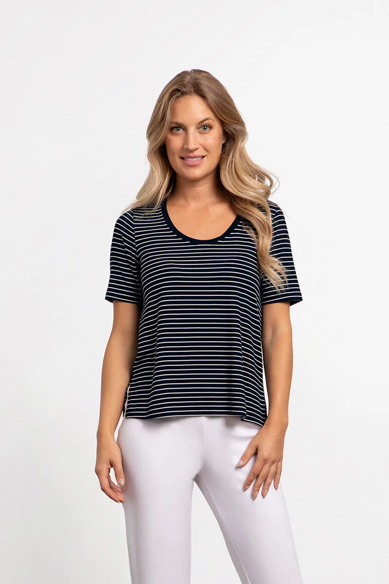 Bamboo Scoop Neck T | Blk/Wht Pinstripe