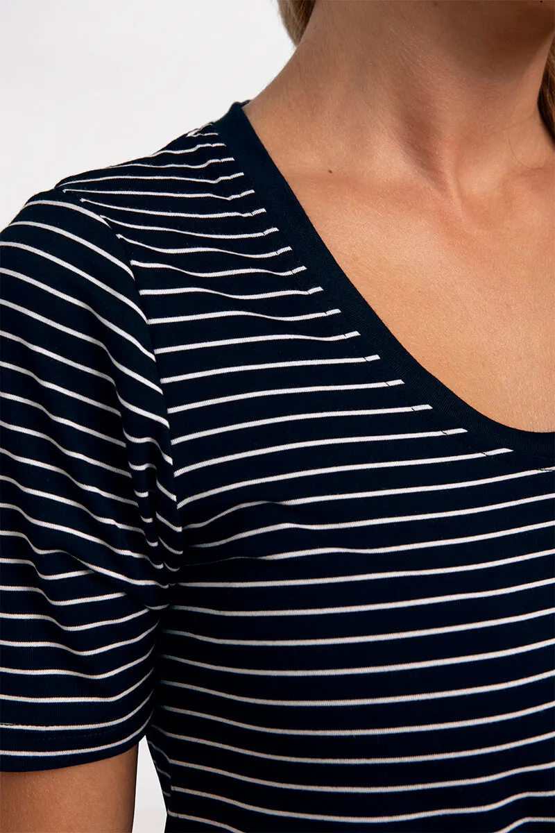 Bamboo Scoop Neck T | Blk/Wht Pinstripe