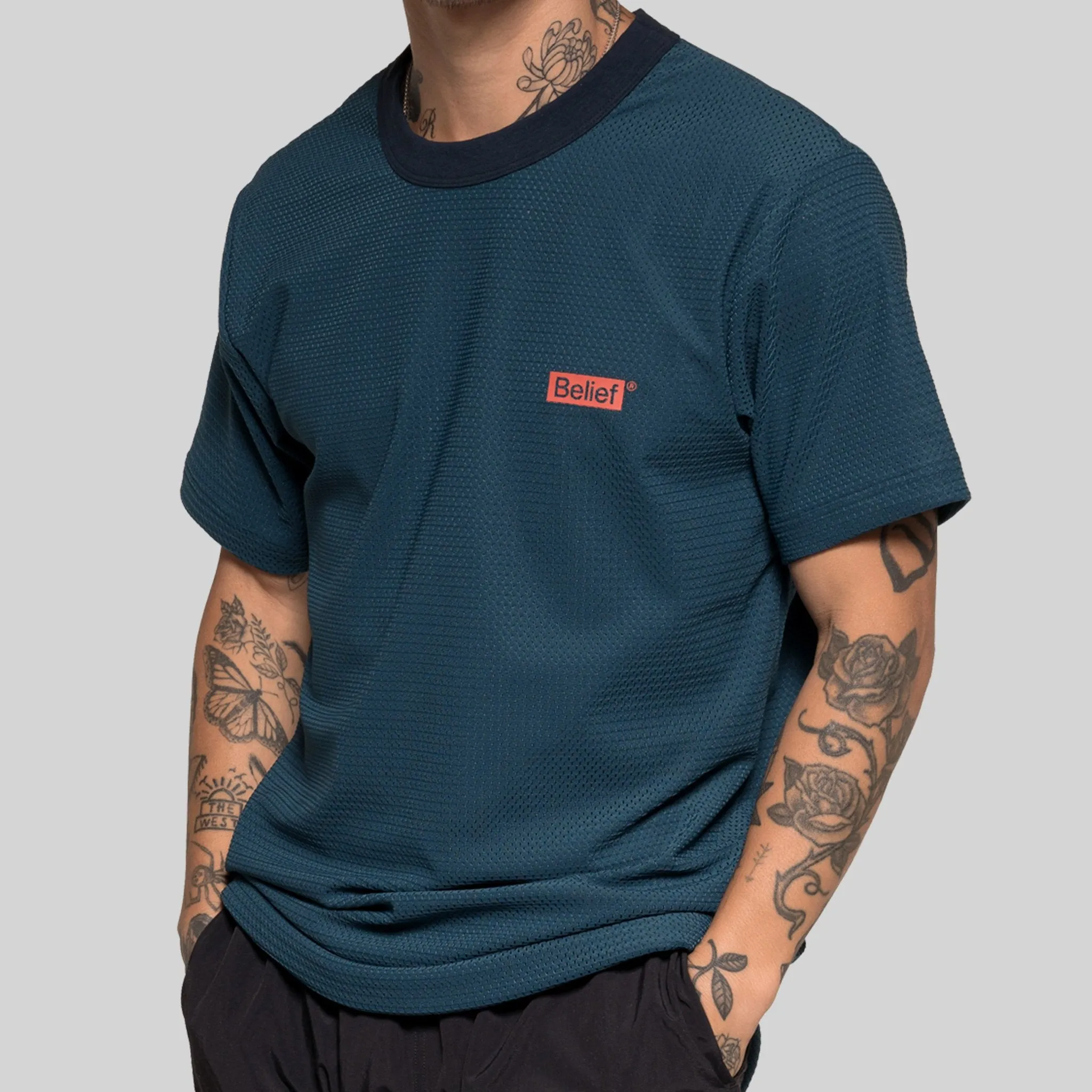 Belief NYC Box Logo Mesh Tee - Dark Teal