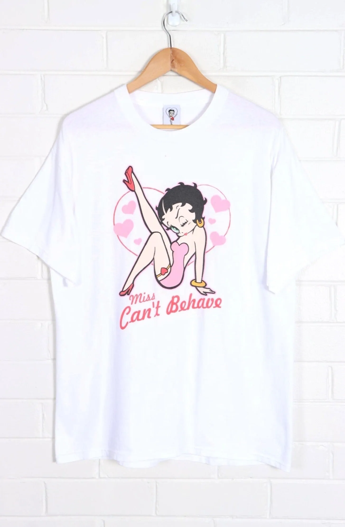 Betty Boop "Miss Can't Behave" Leg Kick Hearts T-Shirt (L)