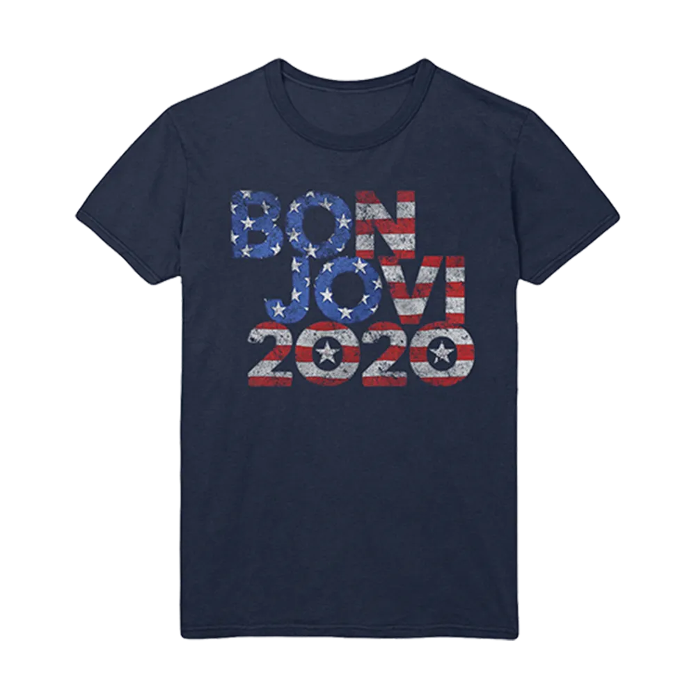 Sure! Heres an optimized version of the product title:

Bon Jovi 2020 Patriotic Stars & Stripes Navy Blue Graphic T-Shirt