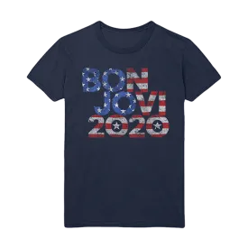 Sure! Heres an optimized version of the product title:

Bon Jovi 2020 Patriotic Stars & Stripes Navy Blue Graphic T-Shirt