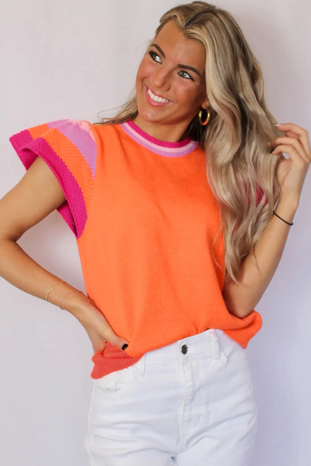 Bright Pink Contrast Flutter Sleeves Knitted Sweater T Shirt