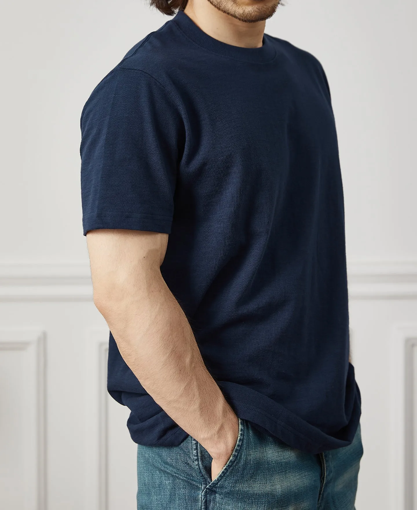 Classic Fit Loopwheel Slub Cotton T-Shirt - Navy