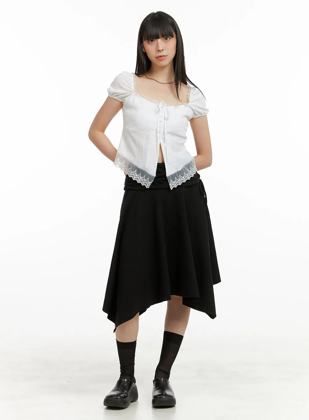 Cotton Ribbon Flare Midi Skirt CU425