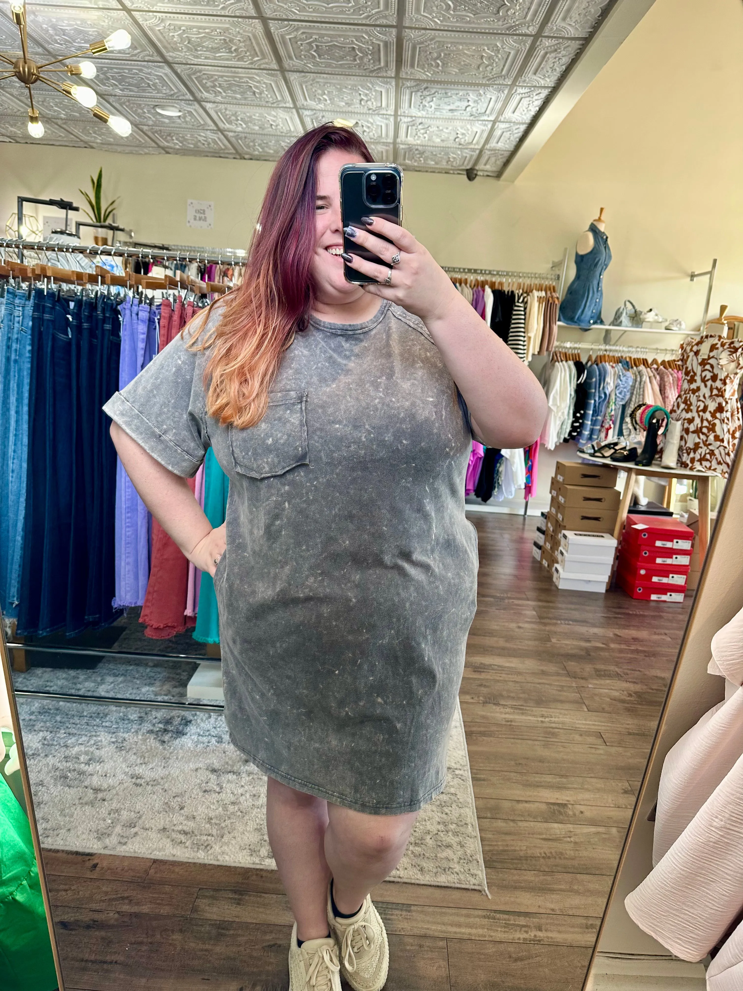 Curvy Charcoal Acid Wash T-Shirt Dress