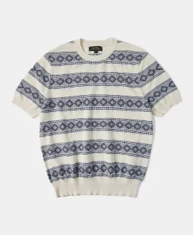 Diamond Pattern Jacquard Crew Neck T-Shirt - Blue/White