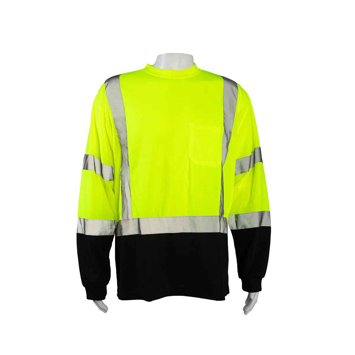 LBTSL3  ANSI Class 3 High-Vis Lime/Black-Bottom Birdseye Mesh Long Sleeve Pocket T-Shirt