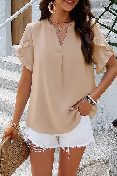 Notched Ruffled Petal Sleeve T-Shirt