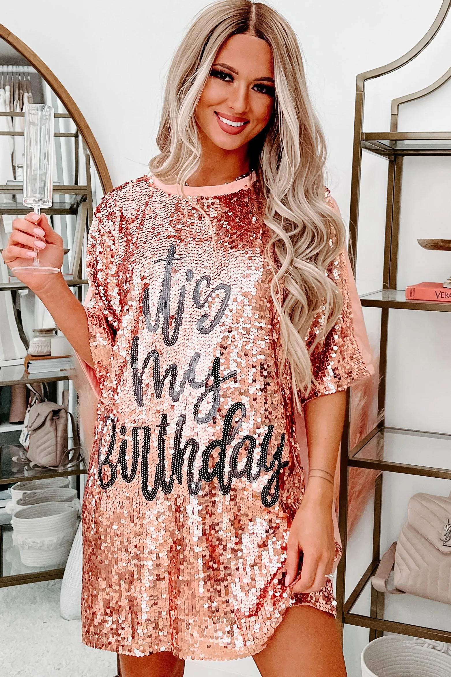 "It's My Birthday" Sequin T-Shirt Dress (Rose Gold)