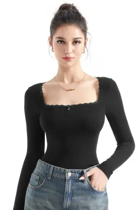 Ribbed Lace Square Neck Shirt - Long Sleeve