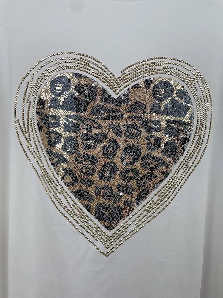 Sequin Leopard Heart Tee - White