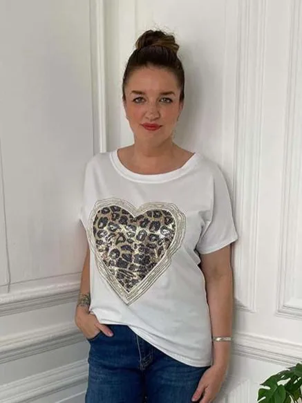 Sequin Leopard Heart Tee - White