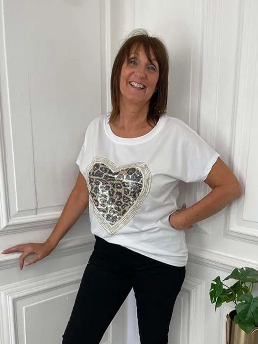 Sequin Leopard Heart Tee - White