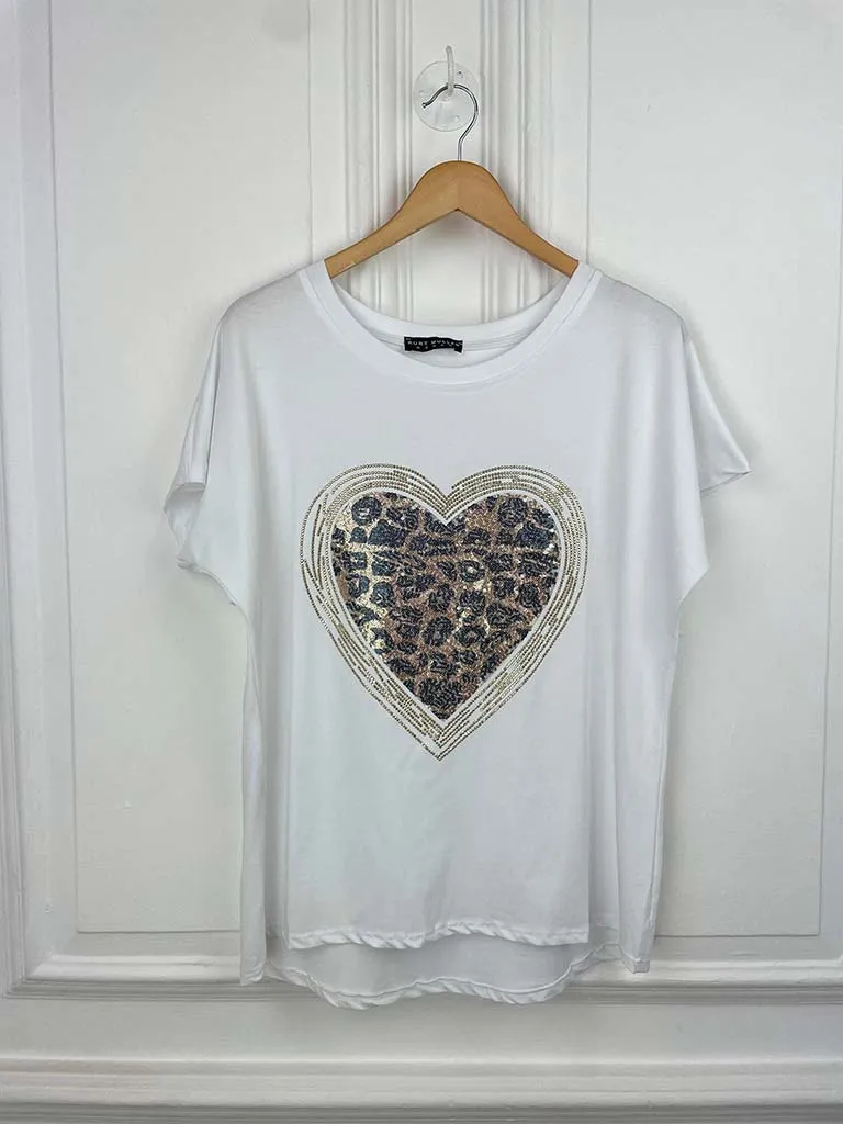 Sequin Leopard Heart Tee - White