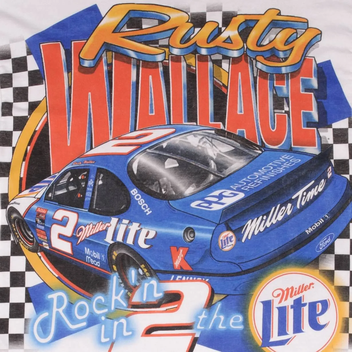 VINTAGE ALL OVER PRINT NASCAR RUSTY WALLACE 1999 TEE SHIRT LARGE MADE IN USA