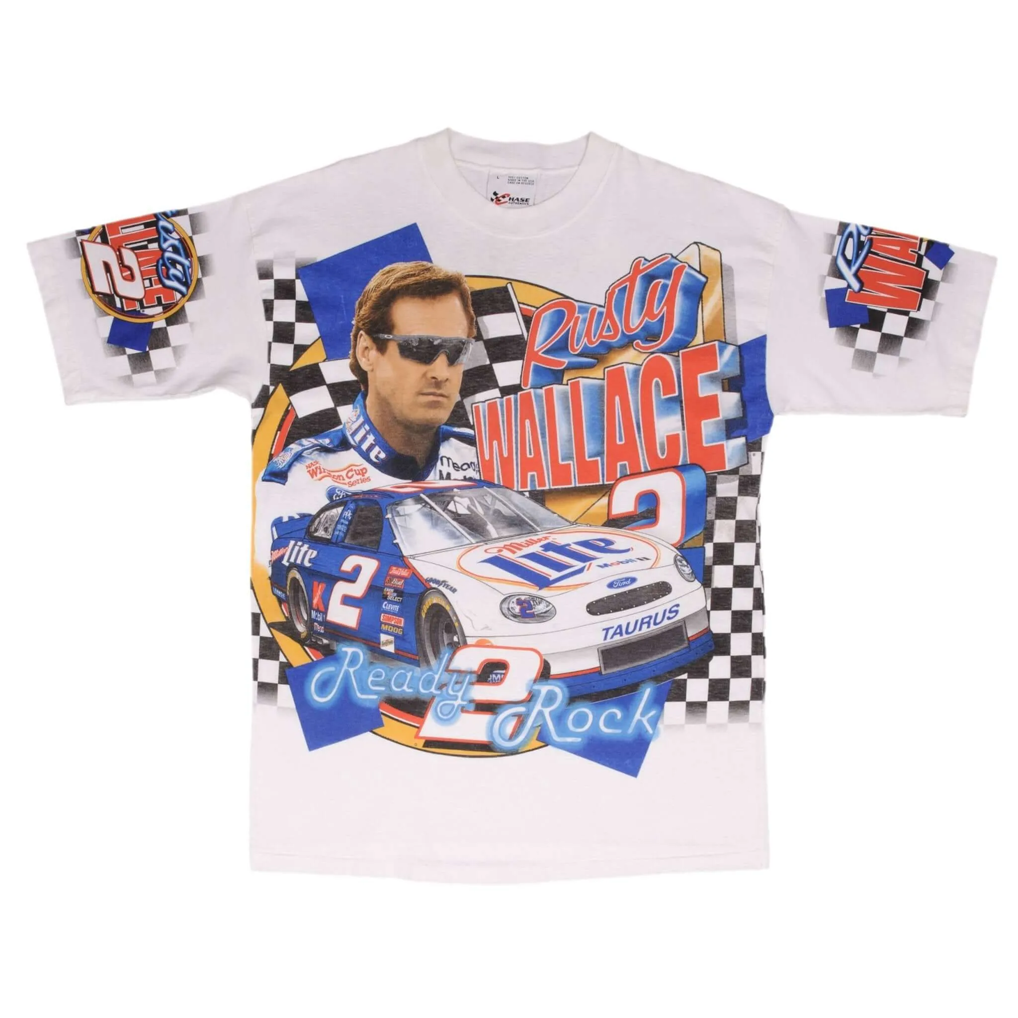 VINTAGE ALL OVER PRINT NASCAR RUSTY WALLACE 1999 TEE SHIRT LARGE MADE IN USA