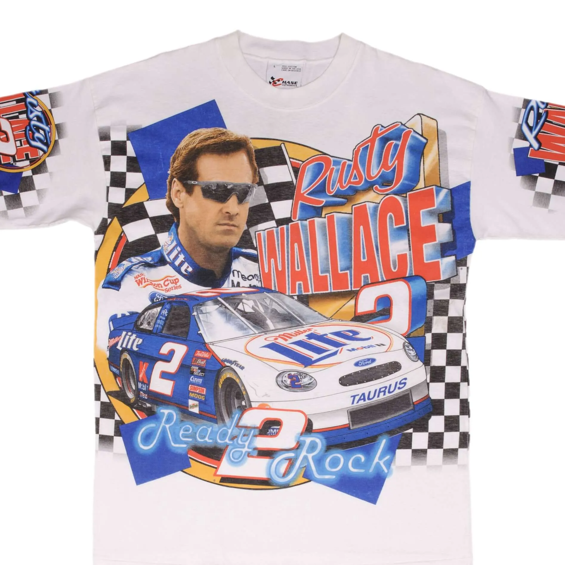 VINTAGE ALL OVER PRINT NASCAR RUSTY WALLACE 1999 TEE SHIRT LARGE MADE IN USA