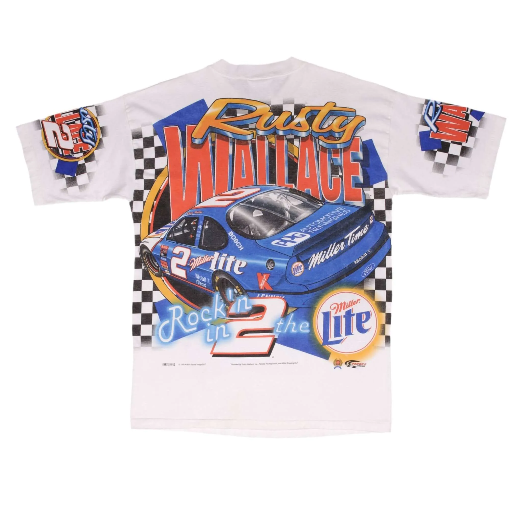 VINTAGE ALL OVER PRINT NASCAR RUSTY WALLACE 1999 TEE SHIRT LARGE MADE IN USA