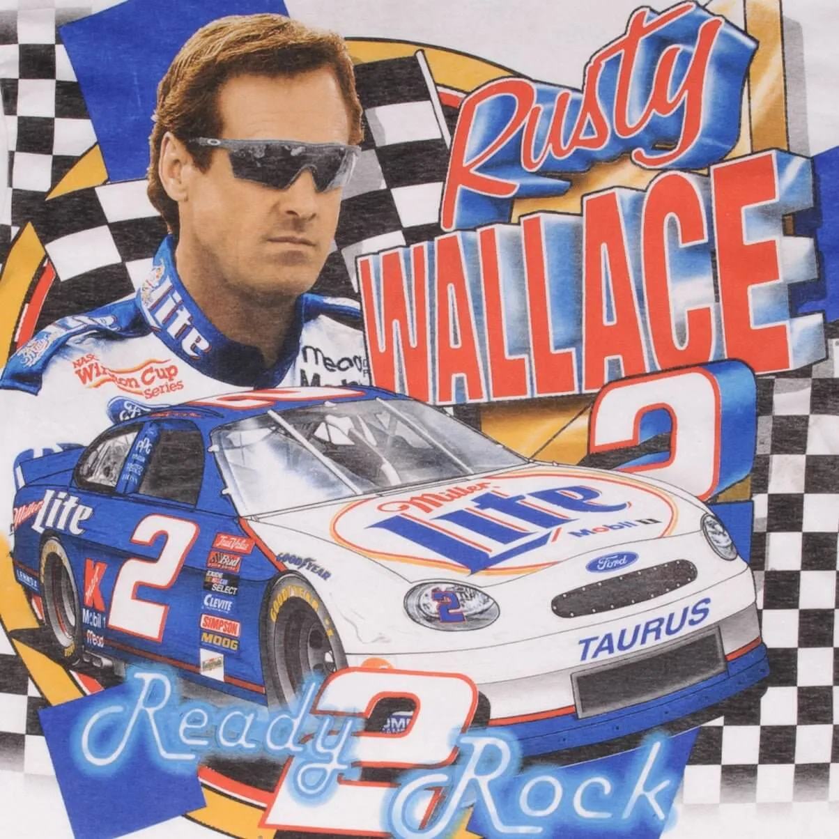 VINTAGE ALL OVER PRINT NASCAR RUSTY WALLACE 1999 TEE SHIRT LARGE MADE IN USA