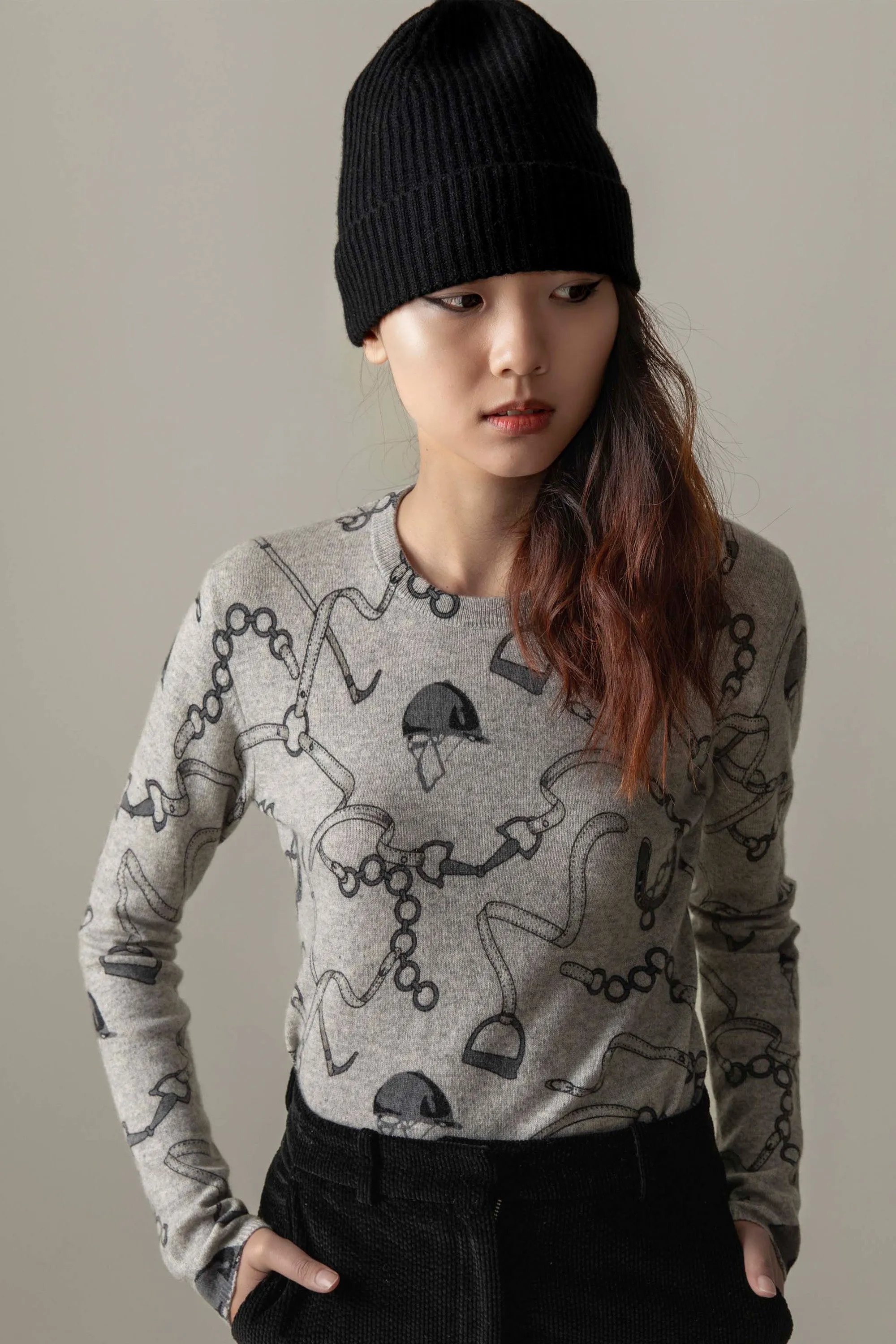 Women's Equestrian Print Crew Neck Jumper - Oyster Grey