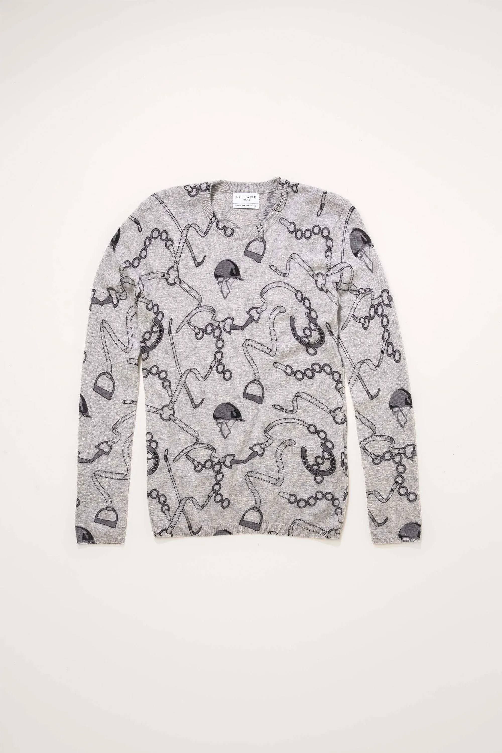 Women's Equestrian Print Crew Neck Jumper - Oyster Grey